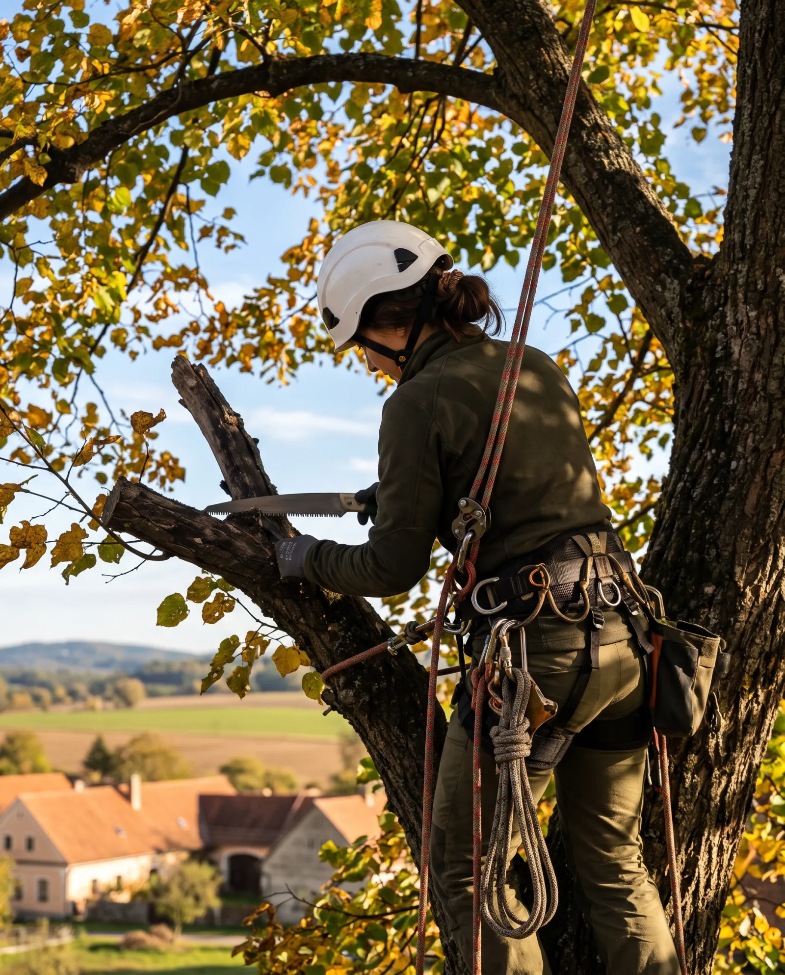 Arboristka na laně v koruně lípy odřezává suchou větev